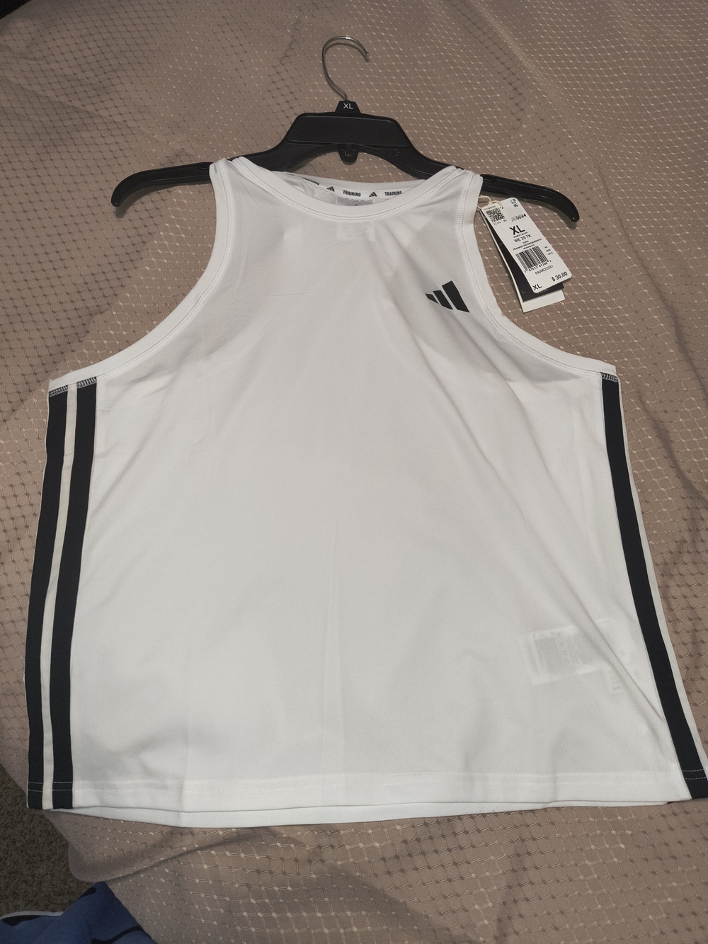 Adidas White Athletic Tank with Black Stripes